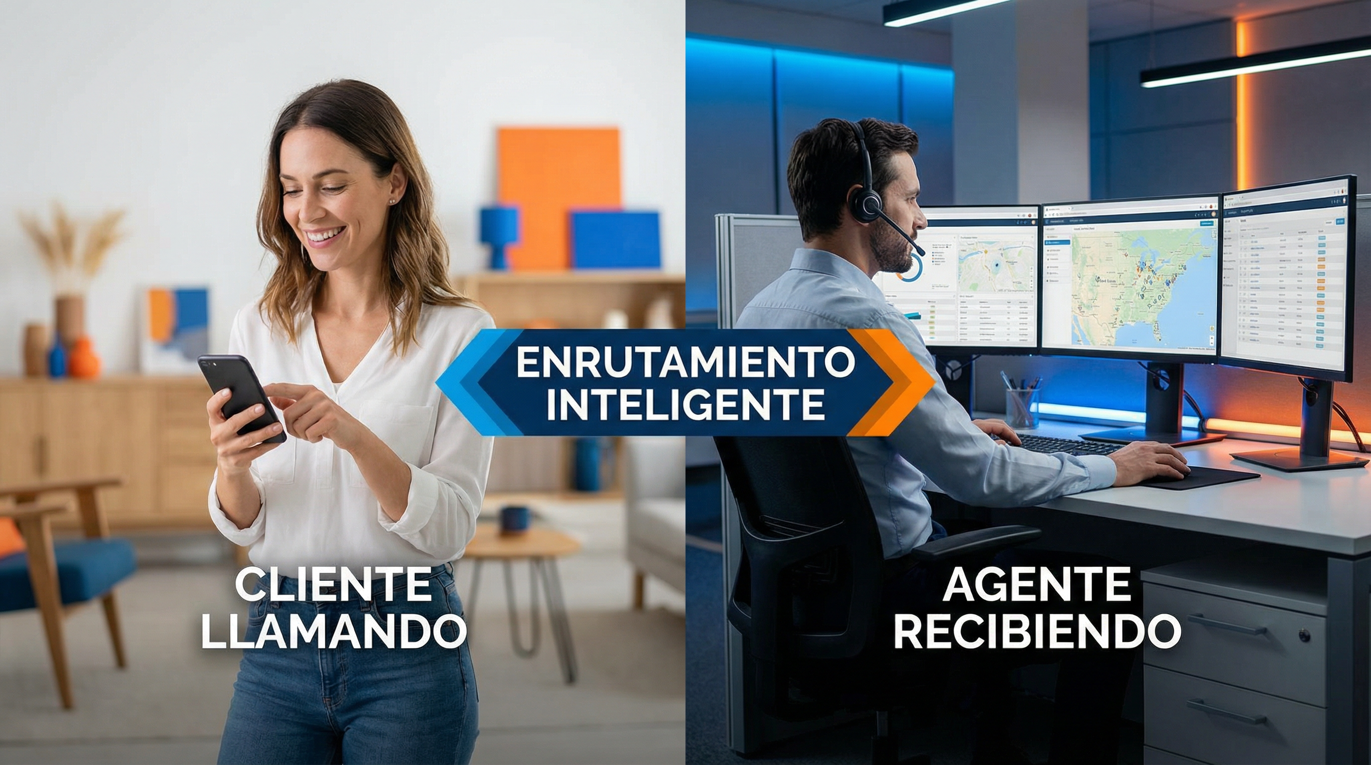 Cliente llamando y agente recibiendo con enrutamiento inteligente